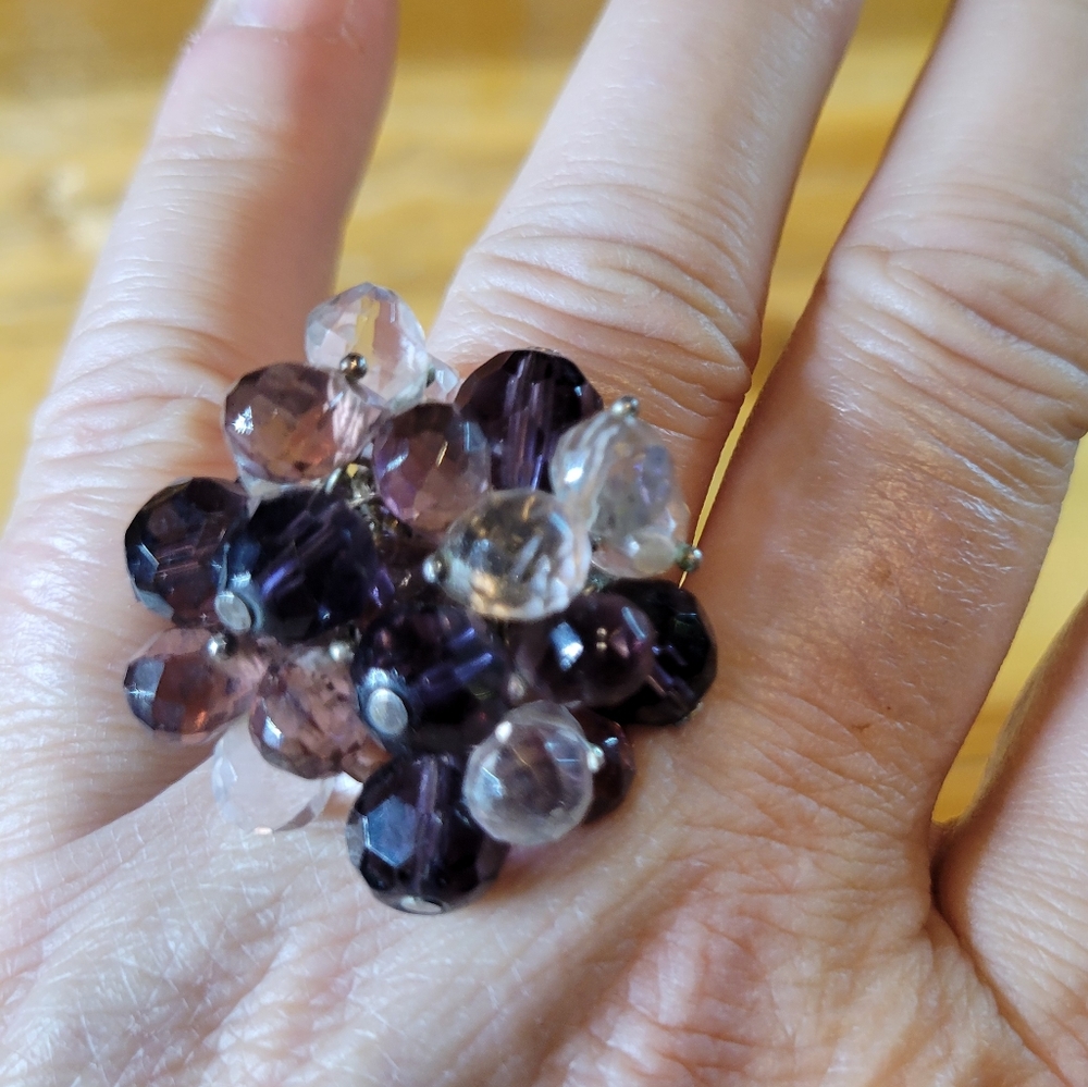 Sterling Silver & Glass Beaded Cluster Ring Adjustable Size 7 Purple Jewelry